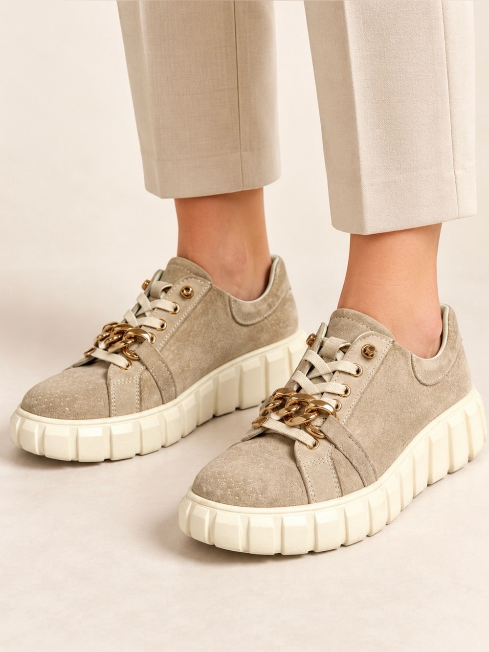Women’s Chunky Platform Sneakers in Taupe with Gold Chain Accent